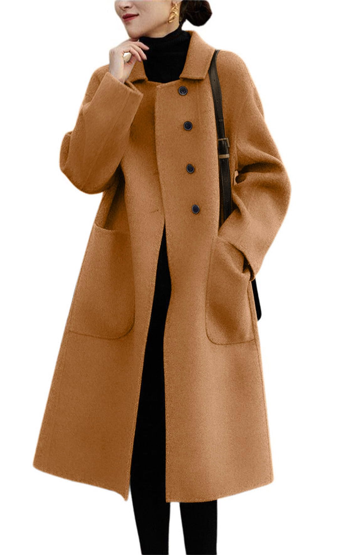 chouyatou Women's Winter Wool Coat Single Breasted Business Casual Midi Long Winter Trench Coat-picture-25