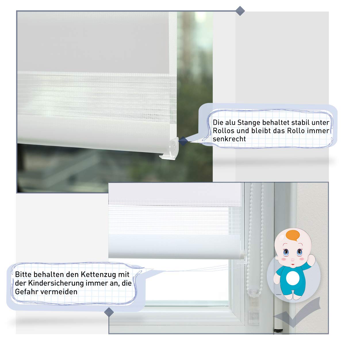 Zarnan Doppelrollo Klemmfix ohne Bohren Weiß 90x120cm(Stoffbreite 86cm) Duo Rollo Blickdicht Zebrarollo Rollos für Fenster ohne Bohren für Wohnzimmer Küche Büro lichtdurchlässig und verdunkelnd