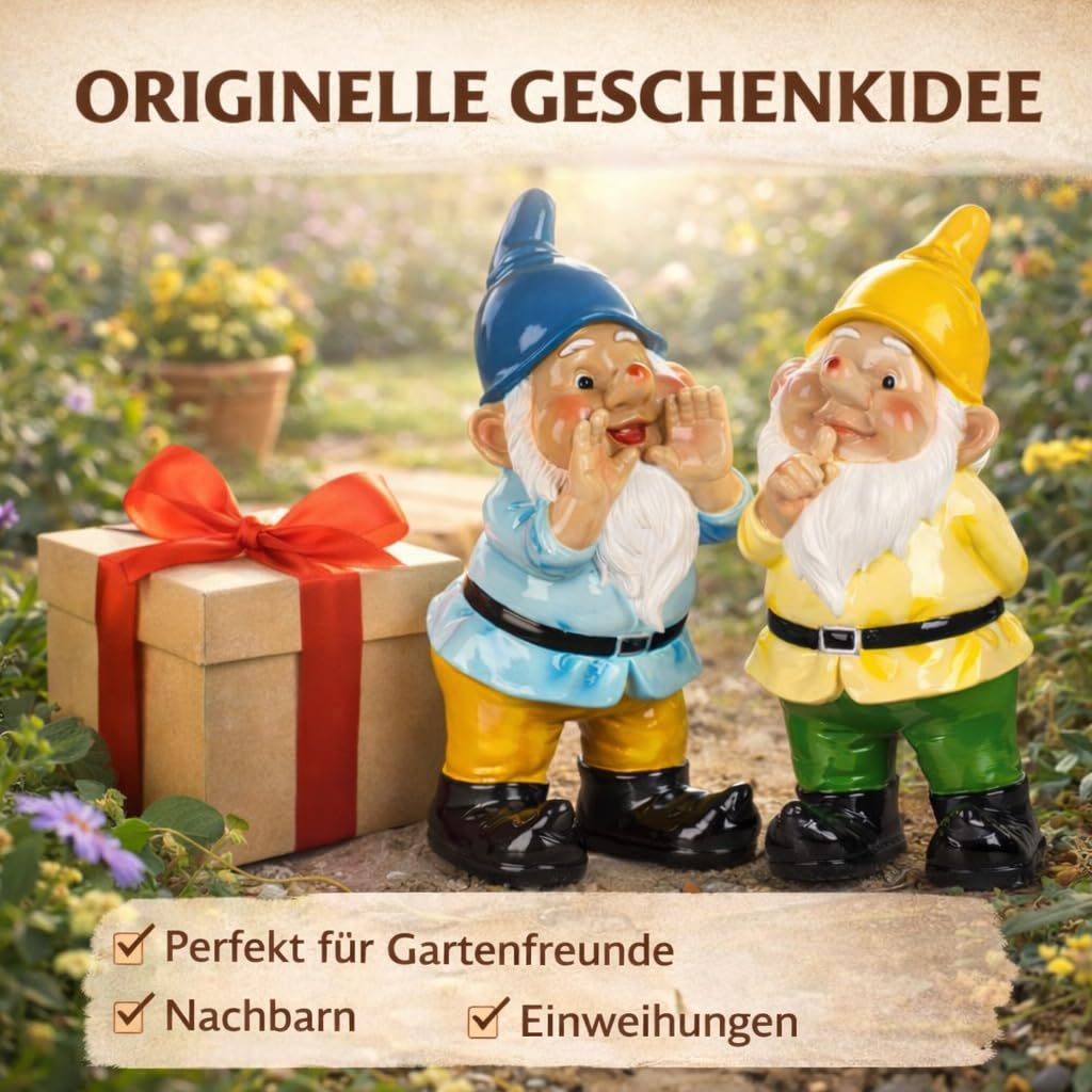 formano 2er Set Gartenzwerg Gartendeko Figuren handbemalt Kunststein 34 cm groß glänzende Oberfläche lustige Gartenfiguren für Garten Terrasse Balkon dekorative Zwerge Outdoor Deko