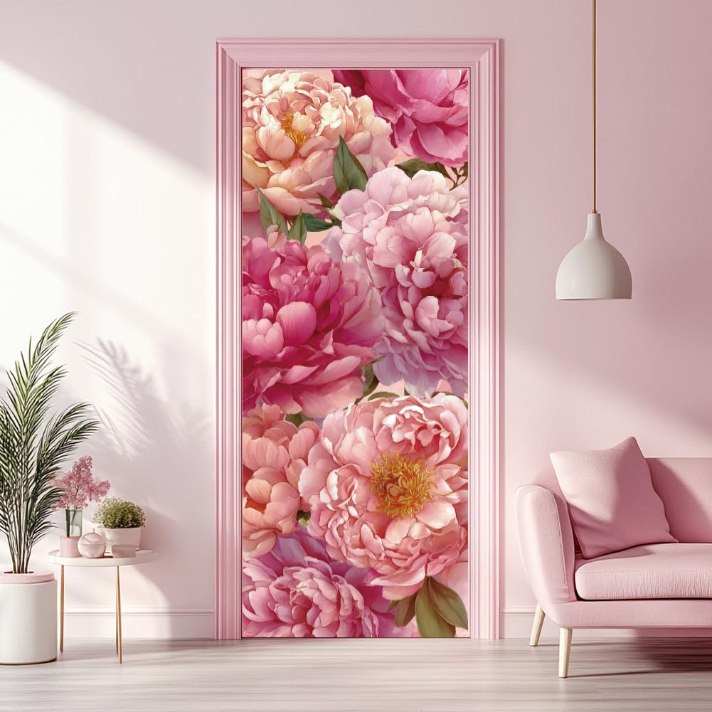 arricraft 2 Pcs Self-Adhesive Door Stickers, 31.5"x78.7" Pink September Peony Pattern Door Murals Stickers PVC Doors Removable Wallpaper Decoration for Bedrooms Living Room Home Decoration