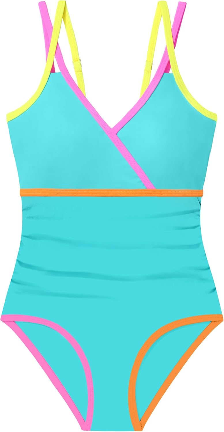Girls Swimsuit One Piece Girls Bathing Suit Modest Ruched Solid Adjustable Straps V Neck Padded Swimwear 9-16y