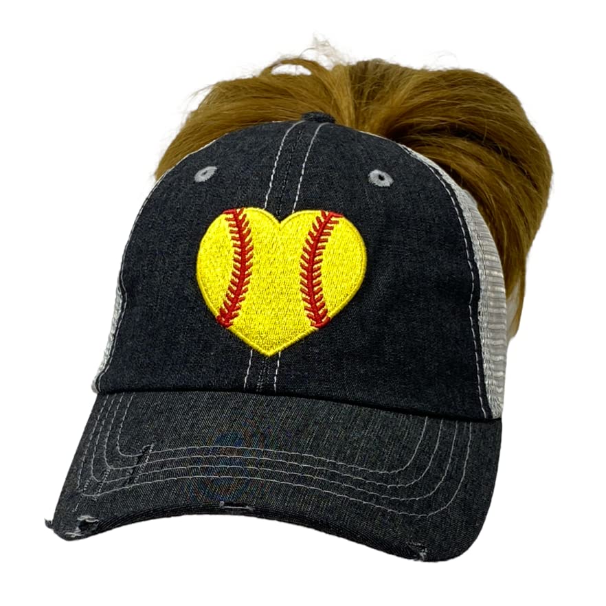 Cocomo Soul Embroidered Softball Heart Love Softball Mom Messy BUN Top Ponytail Top Opening Mesh Trucker Style Hat Cap Dark Grey, Dark Grey, One Size