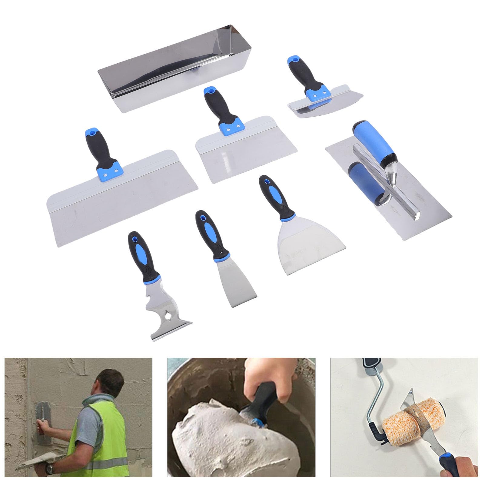Set Spatola a Secco 8 Pezzi, Padella di Fango 14 Pollici, Raschietto in Acciaio Inossidabile, Pala, Cazzuola con Intonaco con Manici Ergonomici per la Pittura di Fango a parete.