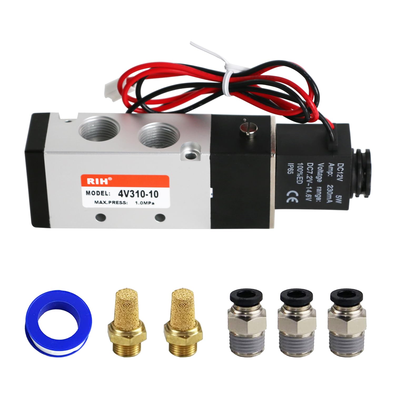 RIH Pneumatics Solenoid Valve 4V310-10 12V/24V/110V Series Single Coil Pilot-Operated Electric 2 Position 5 Way Connection Type (DC12V/Out of line, 3/