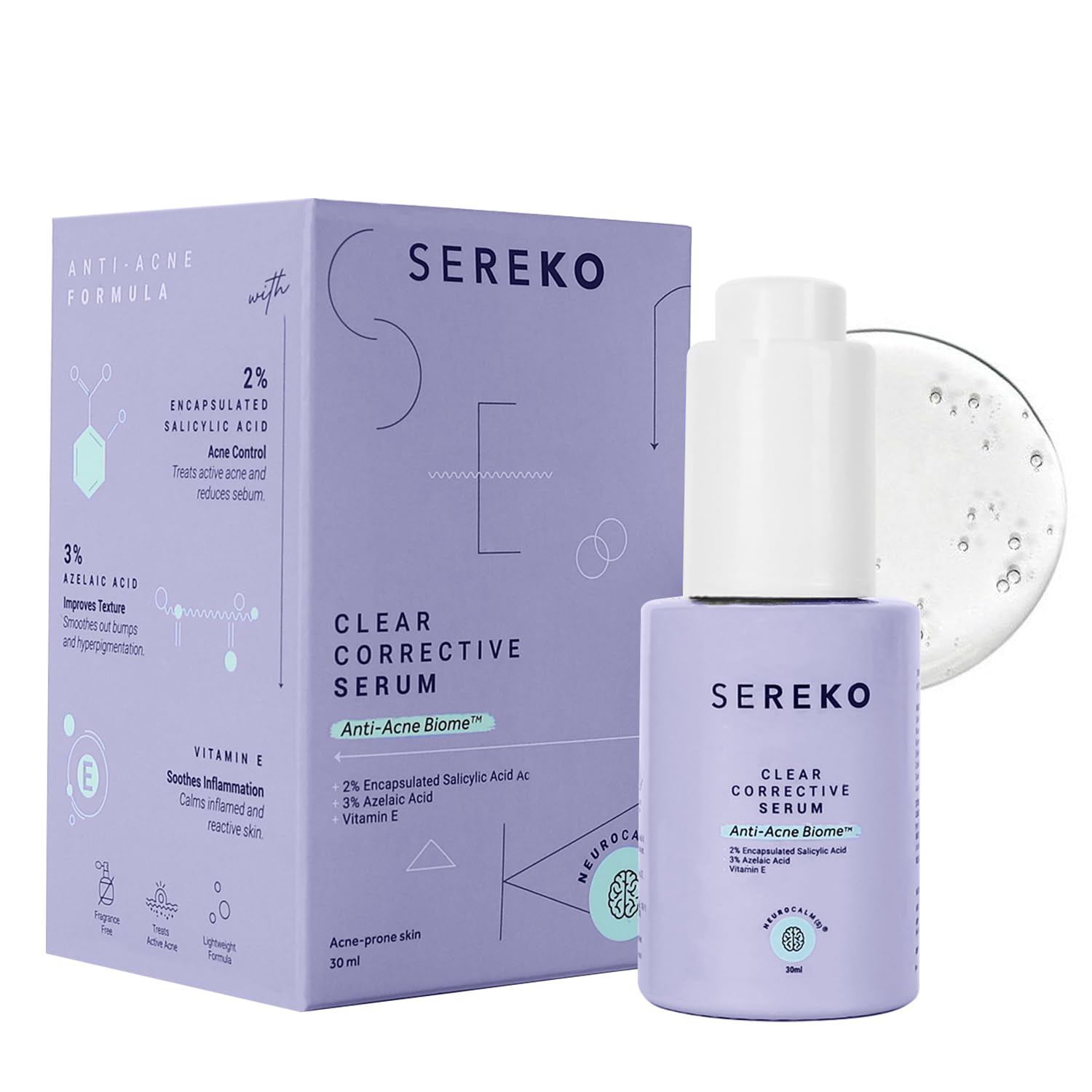 Sereko Clear Corrective Serum with 2% Encapsulated Salicylic Acid BHA & 3% Azelaic Acid | Active Acne | Reducing Sebum Production | Pigmentation & Dark Spots for Oily | Acne-Prone Skin 30ml - Pack 1