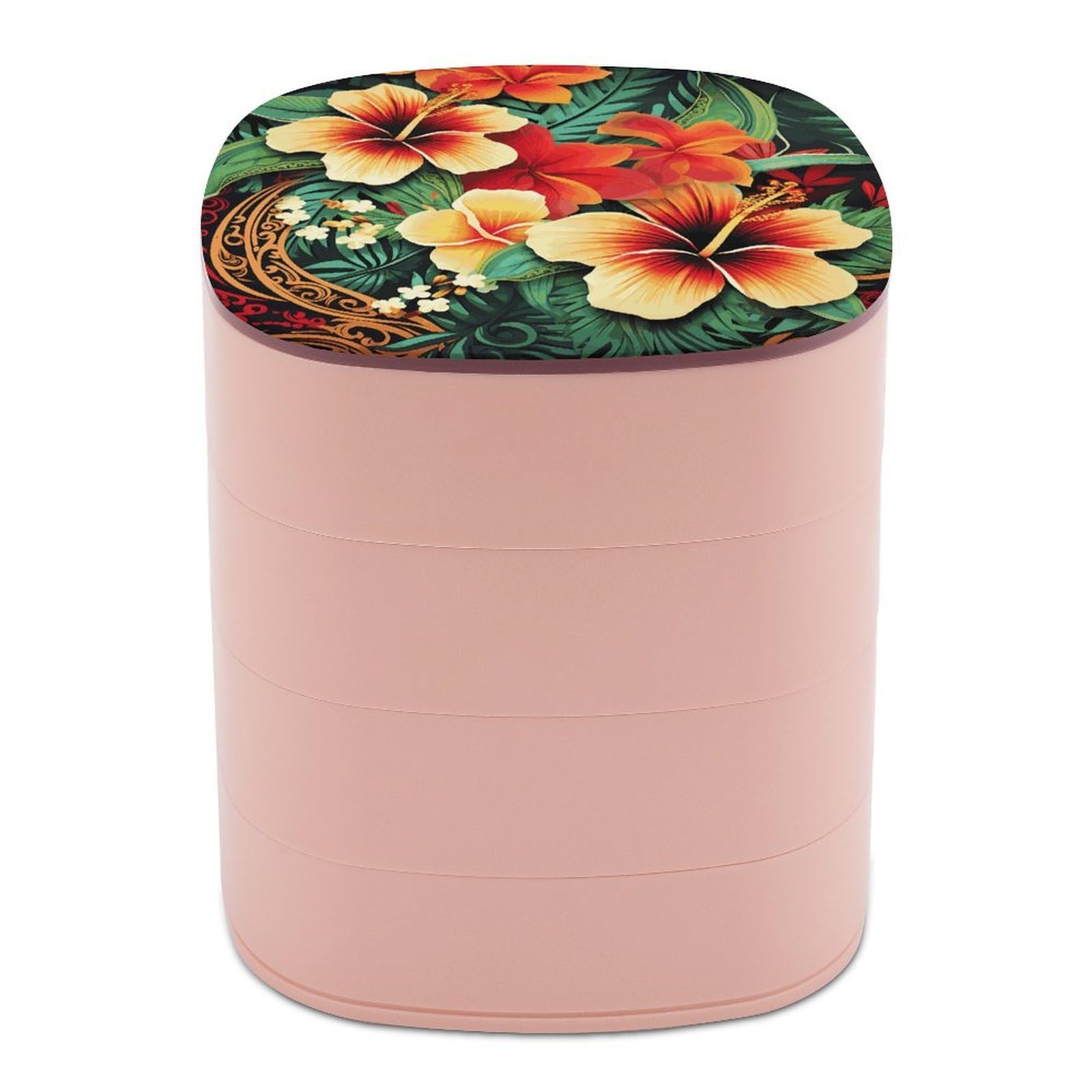 Btcowzrv Women's Style Hawaiian Print Pattern Jewelry Organizer With Mirror, 4-Layer Rotating Jewelry Box For Ring Earring Necklaces Bracelets Hair Accessories, Gift For
