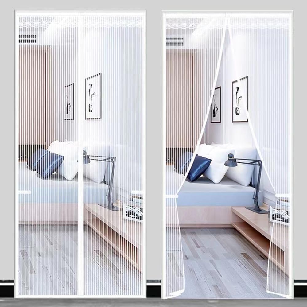 Magnetic Fly Screen Door, Heavy Duty Bug Mesh Curtain with Powerful Magnets and Full Frame Magic Tape, Insect Protection Door No Gap, Keep Bugs Out Lets Fresh Air in (120×220, White)