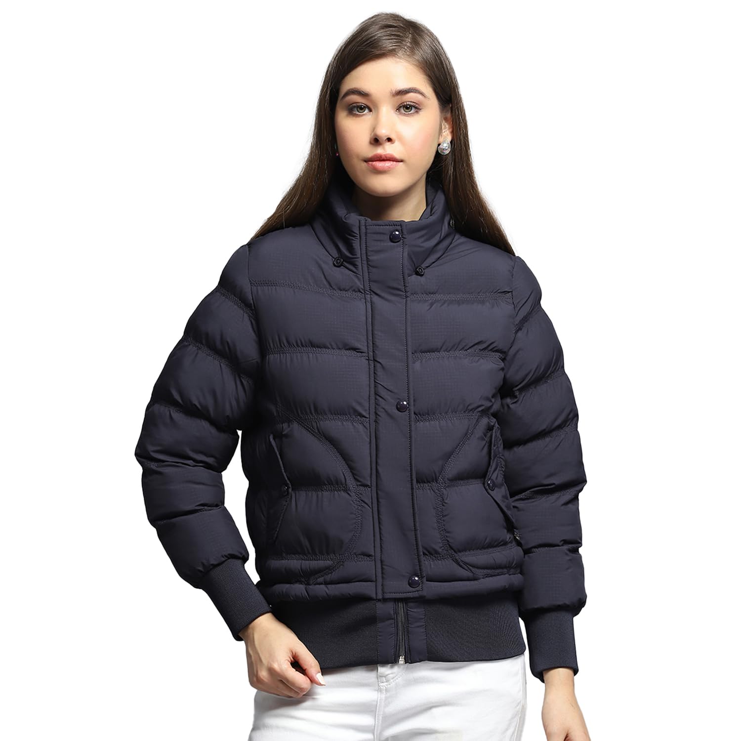 Womens Self Design Navy Blue Collar Neck Full Sleeve Jacket