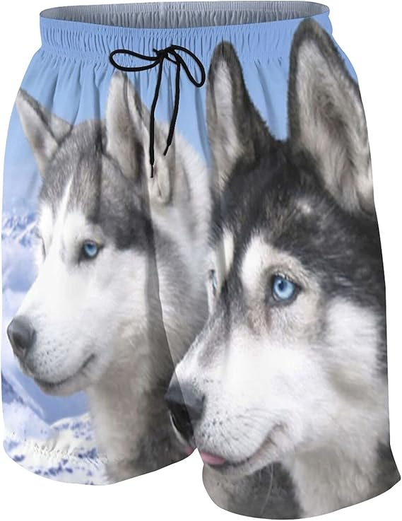 Black White Siberian Husky Pet Teen Boy Beach Shorts,Casual Swim Trunks