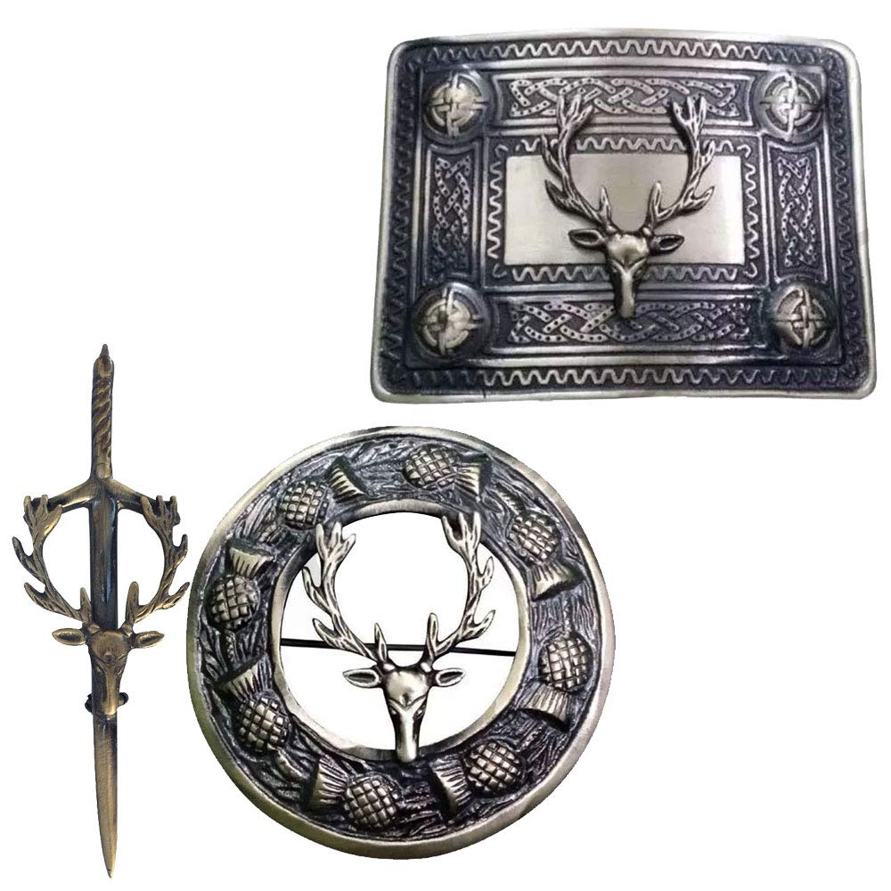 Kilt Pin/Kilt Belt Buckle and Fly Plaid Brooch Stag Head Badge Set Antique Finish