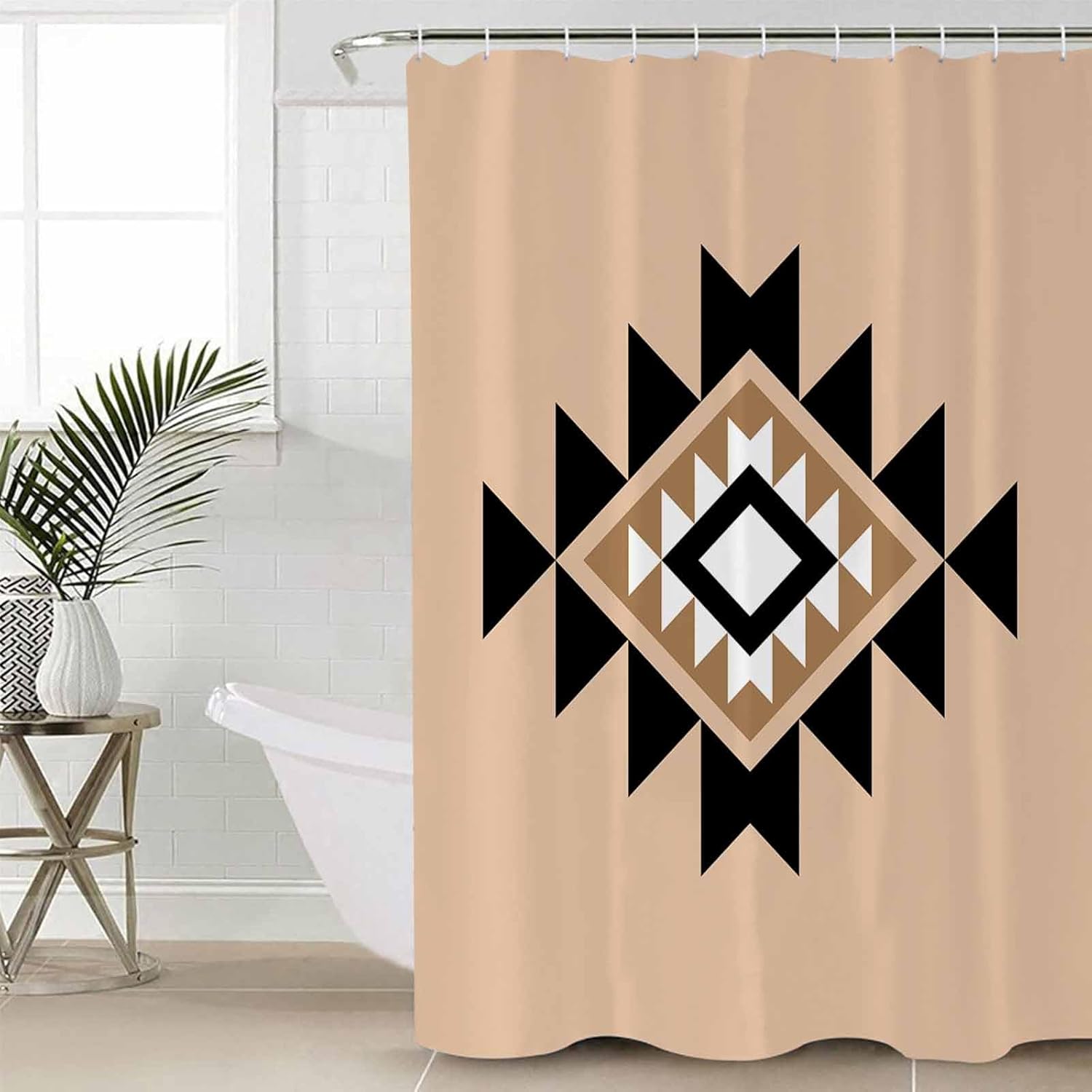 Black Khaki Boho Bathroom Set with Shower Curtain and Rug and Accessories - 72x72 Inches Long Aztec Southwest Ethnic Geometric Art Bathtub Floor Runner Rug Set Bathtub Curtains with Bath Mat
