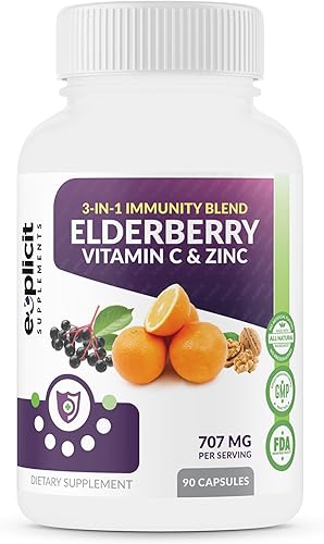 All Natural Elderberry, Vitamin C & Zinc Supplement - Triple Immunity Booster - Extra Strength 3 Month Supply - Supports Immune Health - Made in USA