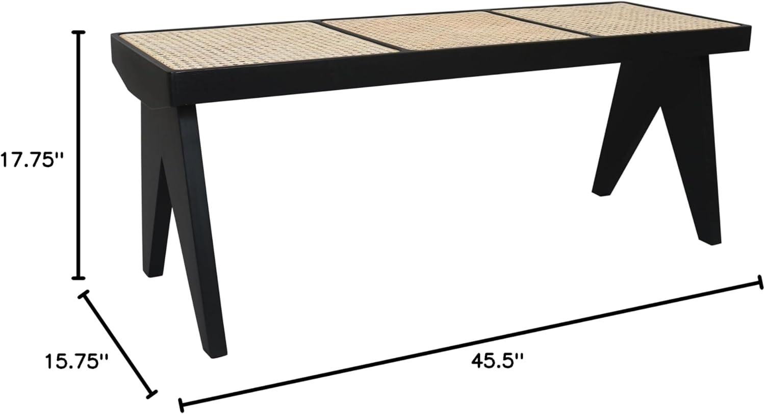 East at Main Black Wood Cane Bench for Entryway, Bedroom, or Living Room – Woven Rattan Seat, Boho Accent Bench for Hallway or Foot of Bed – 45” Long, Easy Assembly