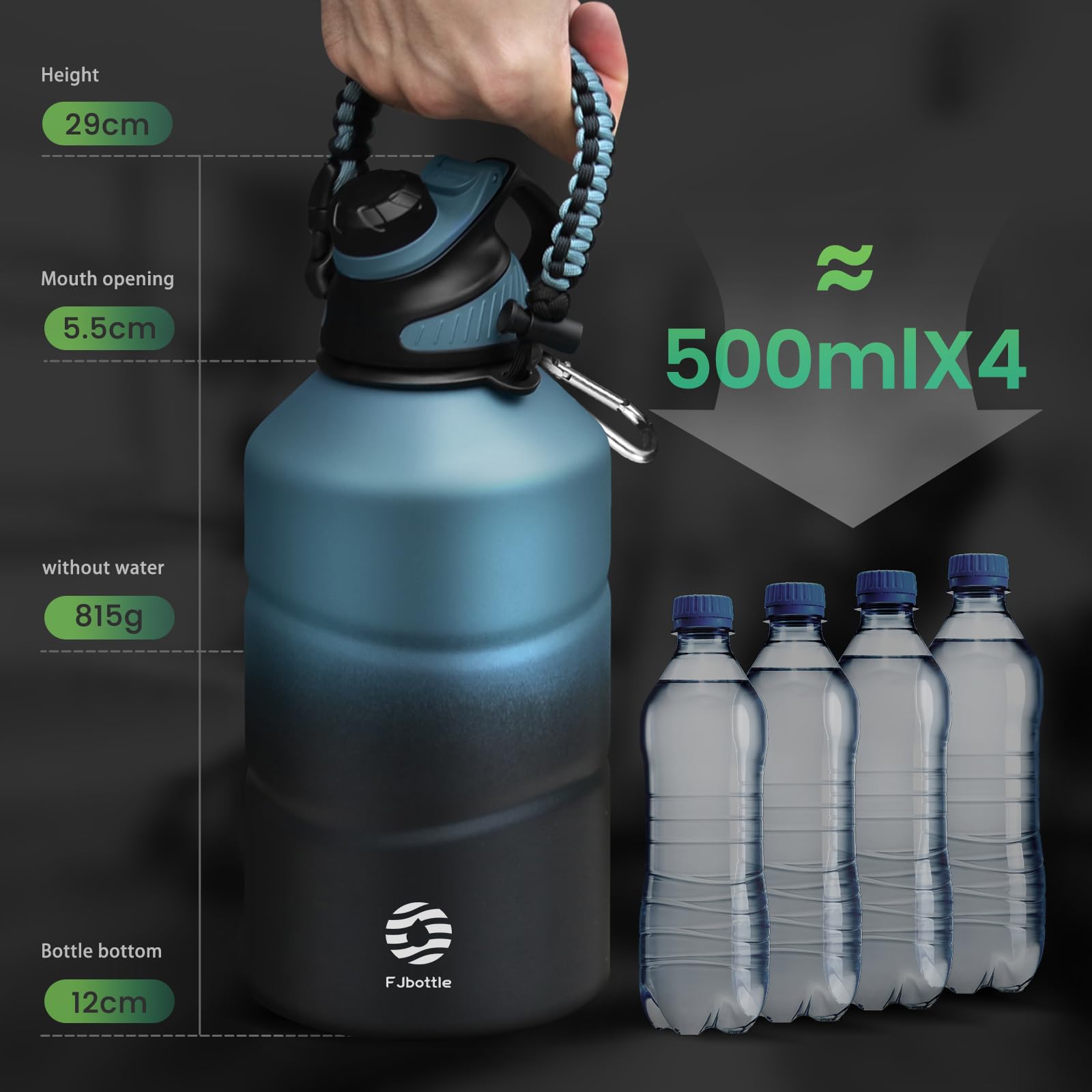 Fjbottle Bouteille d'eau isotherme 1,9 L avec couvercle magnétique en acier inoxydable