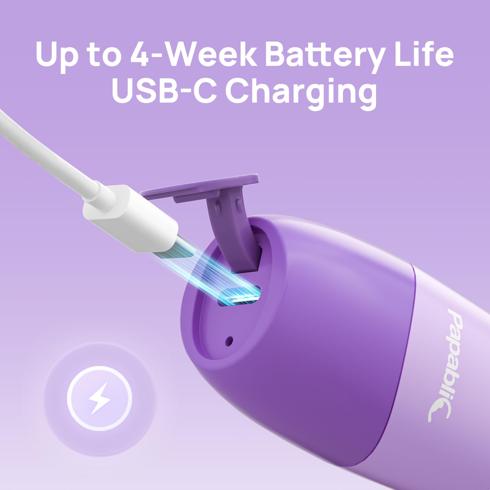 Papablic Spazzolino elettrico per bambini dai 4 anni in su, per bambine e ragazzi, ricaricabile tramite USB, con timer intelligente, luce LED e 2 testine di ricambio, viola