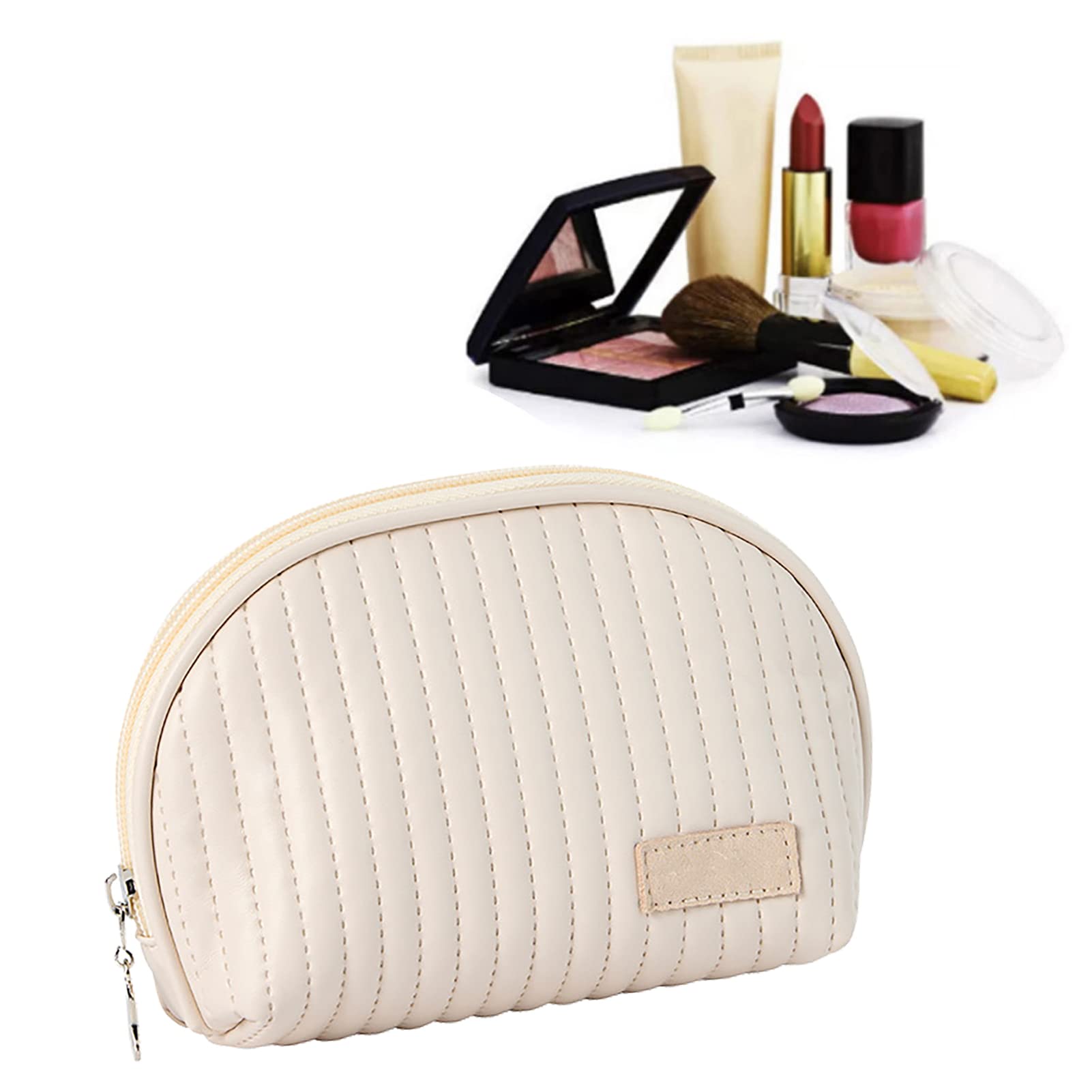 WPKD BLUEIY PU Leather Makeup Bag,Cosmetic Bags,Travel Makeup Zipper Pouch,Large Capacity Storage Travel Bag for Women Lipstick Cosmetic Toiletries Organizers (Beige) - Image 3
