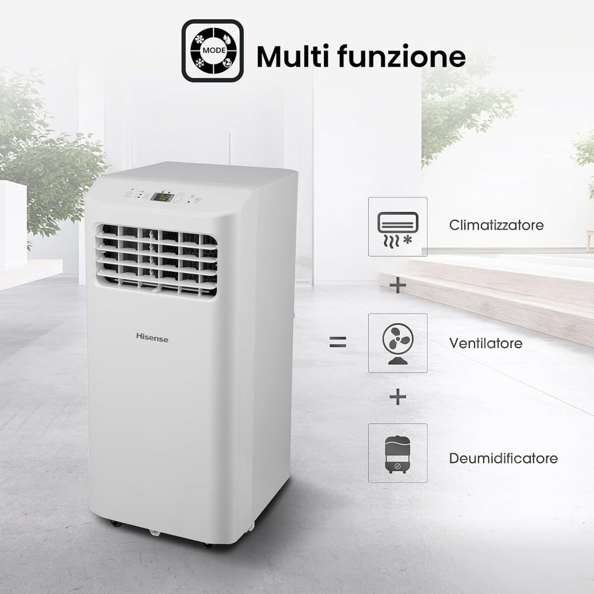 Hisense, APC07KV, aire acondicionado portátil 7000BTU, 2,6 kW, 18 ㎡, deshumidificación, 63 dB,pantalla LED, temporizador 24 h, mando a distancia [clase energética A]
