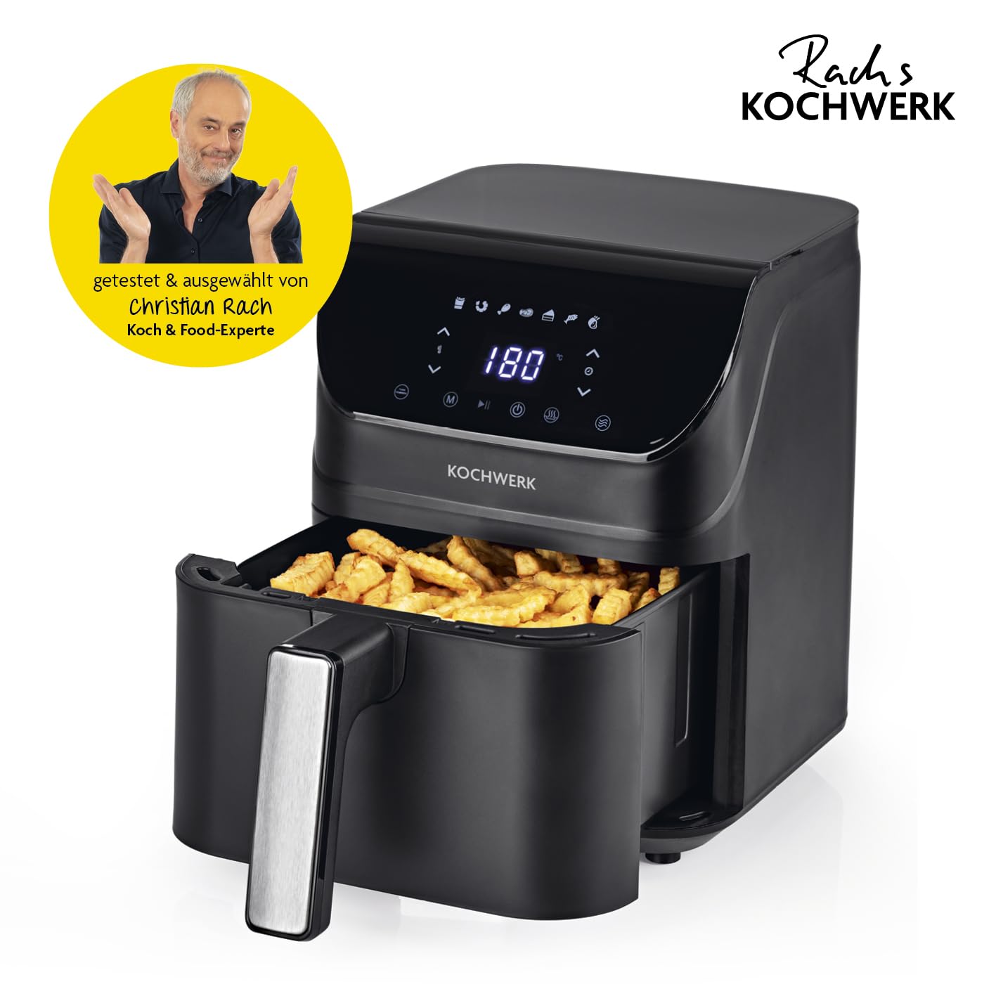Rachs KOCHWERK Digitale Heißluftfritteuse 4L | Airfryer mit Touchscreen für fettarmes Garen, Grillen oder Backen ohne Öl | Erinnerungsfunktion zum Wenden | Leichte Reinigung | 1400W
