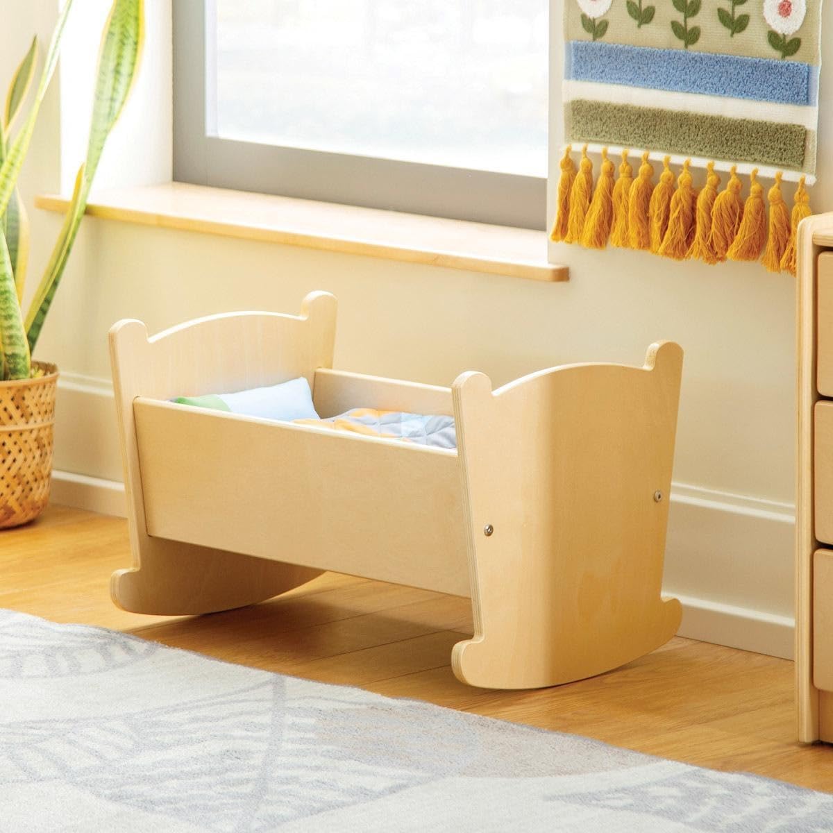 Kaplan Early Learning Wooden Doll Cradle with Pillow and Blanket for Role Playing, Bedding Styles May Vary