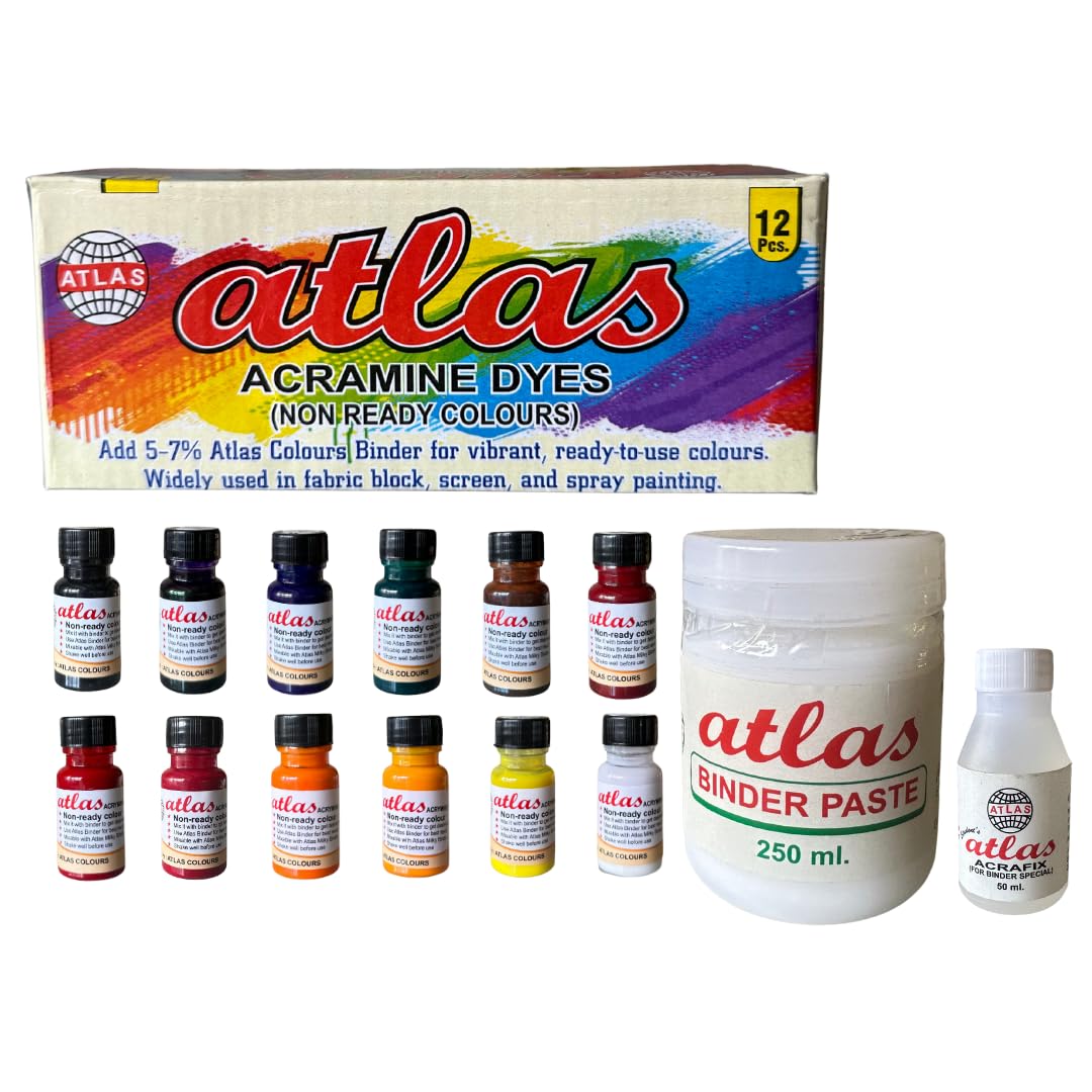 Atlas Colours Acramine Fabric Dye Kit – Set of 12 Colours with Binder Paste & Fixer | Permanent Washable Dyes for Cotton, Khadi & Other Natural and Mixed Fabrics | Perfect for Sarees, Dupattas & Scarves