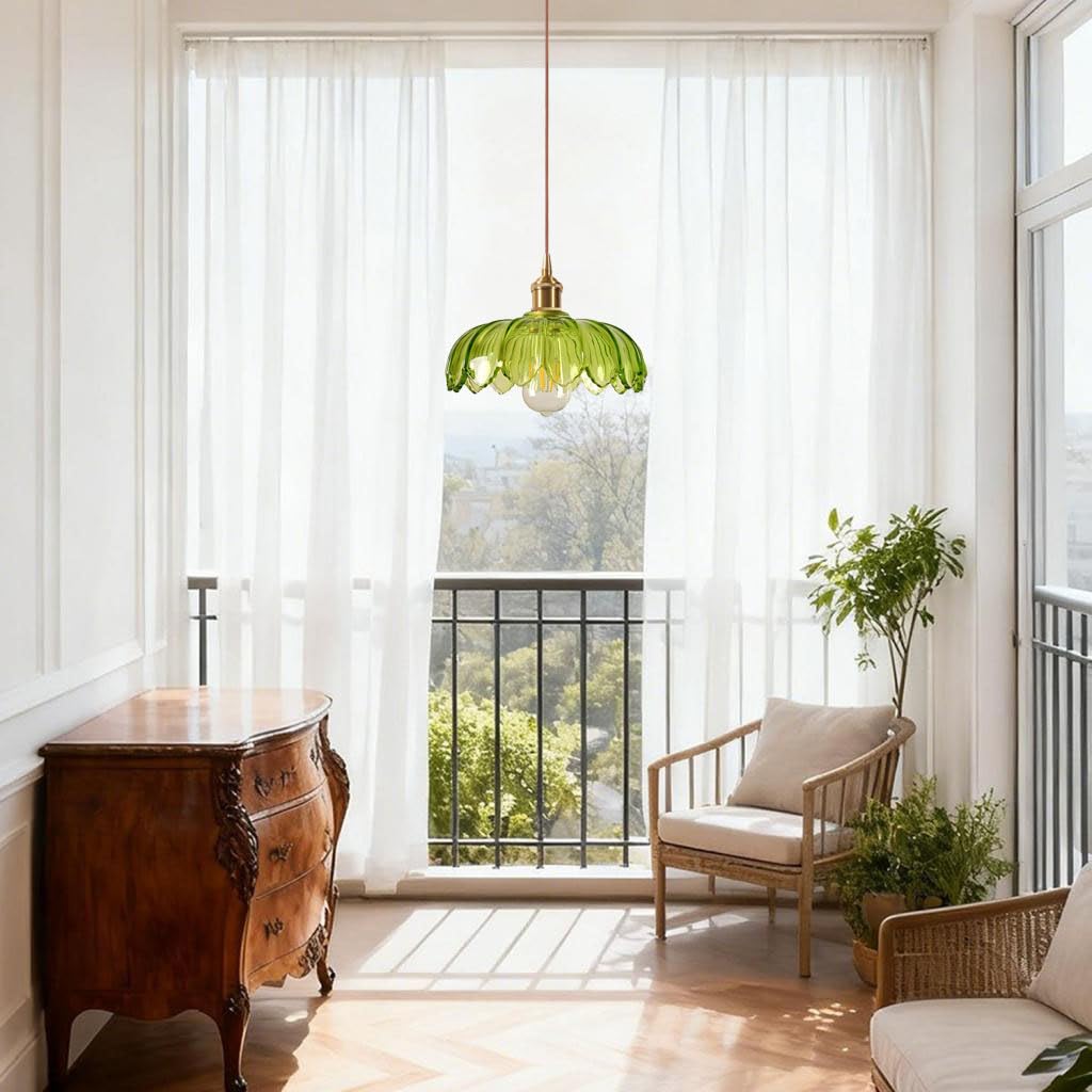 Lustre Luminaire en Verre Vert Rétro Suspension Créativité Fleur Décoration E27 Éclairage de Plafond Laiton Intérieure Suspendues Pour Salon Salle à Manger Chambre