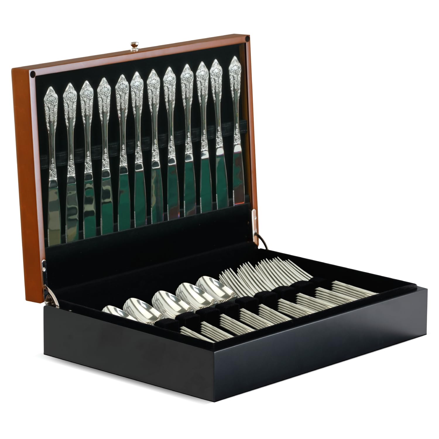 Silverware Storage Box Silverware Chest Case for Silver Flatware with Lid Tarnish Proof Felt Lined Partition Holds Service for 14 Includes Polishing Cloth