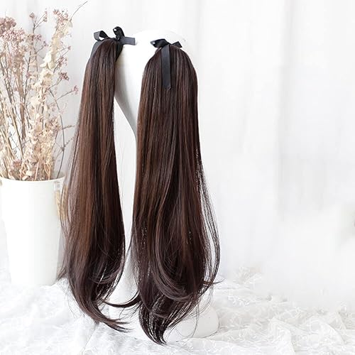 Miniatura 2 de LesafeV 2 piezas de peluca de cola de caballo con lazo, extensión de cabello largo y lacio, cosplay, cola de caballo, cola de caballo, cola de