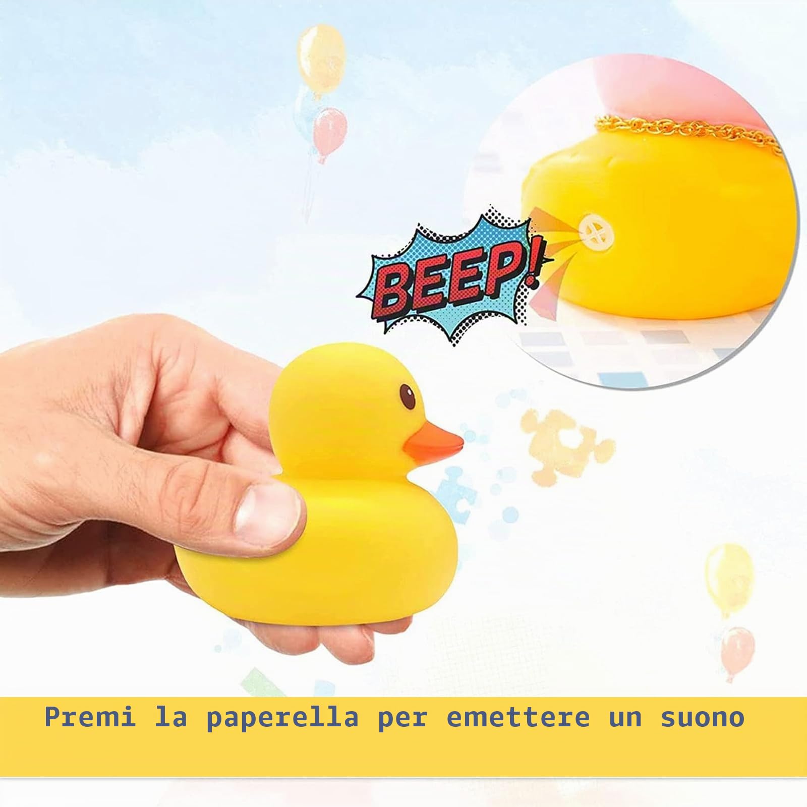 Anatra di Gomma Gialla Giocattolo 4 Pezzi con Casco a Elica e Cinturino per Auto Biciclette Moto