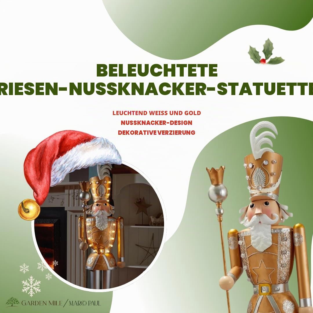Marco Paul Riesen-Nussknacker, 119 cm, Weihnachts-Metall beleuchtet traditionelle Festliche Figur mit 23 warmweißen LEDs Innendekoration, Neuheit, Ornament batteriebetrieben, beleuchtet (Gold & Weiß)