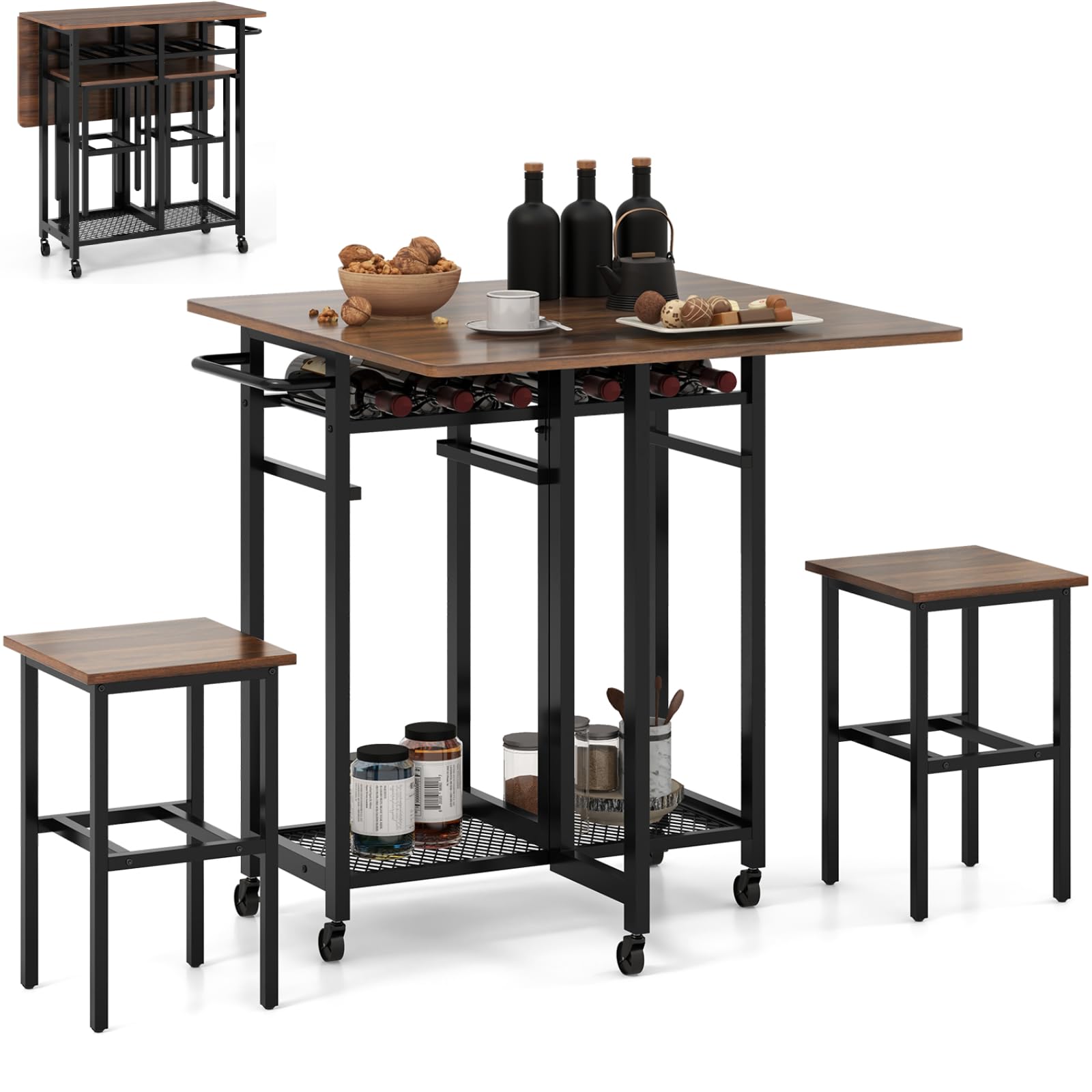 TANGZON 3 Piece Dining Table Set, Folding Drop Leaf Dining Table and 2 Stools with Wine Rack, Shelves & 5 Wheels, Rolling Space Saving Home Kitchen Pub Breakfast Bar Table Sets (Walnut + Black)