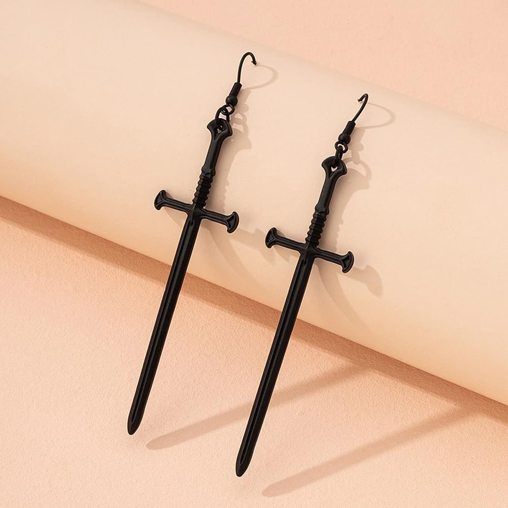 2 Pairs Gothic Dagger Sword Earrings Retro Long Sword Hook Earrings Punk Knife Dangle Drop Earrings for Women - Silver Black - Image 5