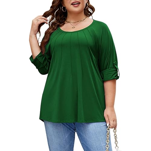 Beauhuty Plus Size Tops for Womens V Neck Tunic Pleated Front Trendy Shirts Casual Flowy Dressy Blouses Long Roll up Sleeves