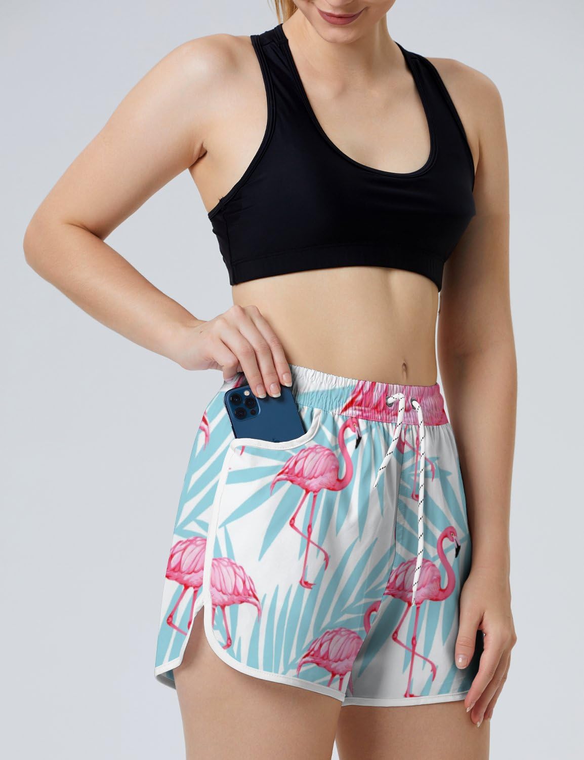 AYUNIX Women's Running Shorts with Pockets Quick Dry Performance Shorts for Women Flamingo Hawaiian Athletic Workout Shorts White