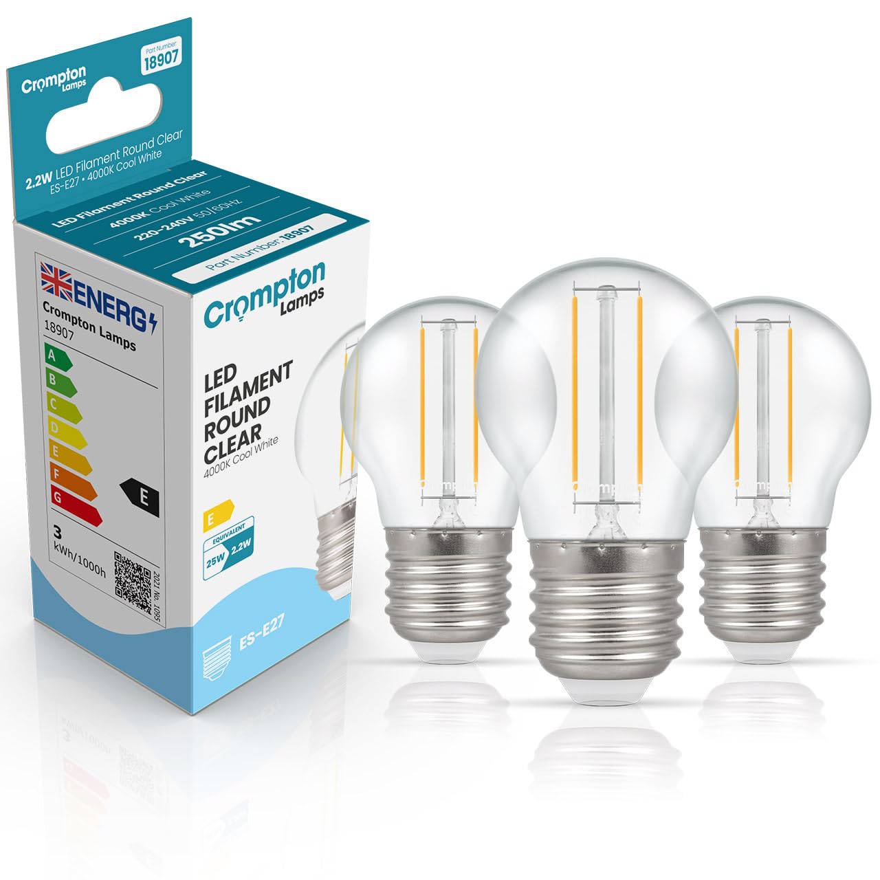 Crompton Lamps Filament Golfball LED Light Bulb ES-E27 | 2.2W = 25W Equivalent | Cool White 4000K | Energy Efficient | Edison Screw Lightbulb | Long Life 15,000-Hrs | Clear Glass | 3-Pack