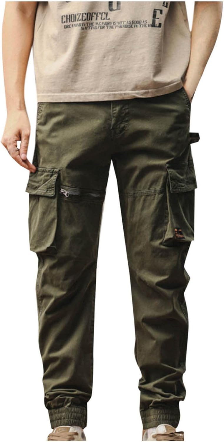Men's Cotton Cargo Joggers Casual Trousers Breathable Loose Fit Athletic Pants with Multi-Pockets for Outdoor