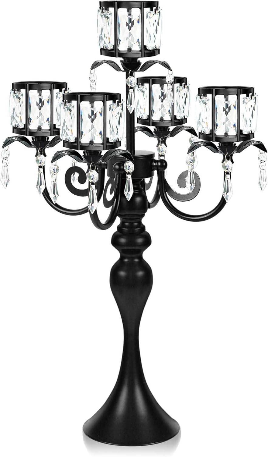 1PC Black 5 Arm Pendant Square Crystal Table Decor 22 Inch Candle Holder,Classic Elegant Table Centerpiece Atmosphere Candle Holder for Gift Wedding Party Home Decor
