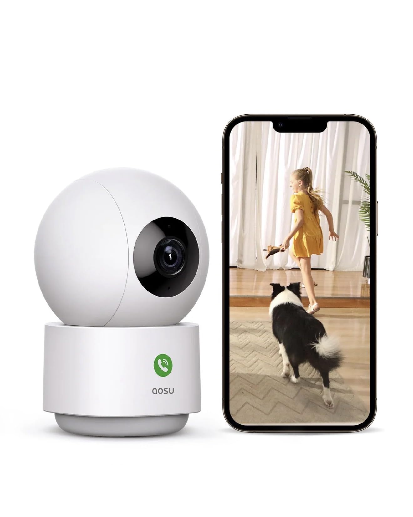 AOSU Caméra de surveillance intérieure 2K, babyphone, caméra pour animaux de compagnie à 360 degrés pour sécurité à la maison, caméra avec routeur Wi-Fi 5/2,4 GHz, appel One-Touch, suivi intelligent