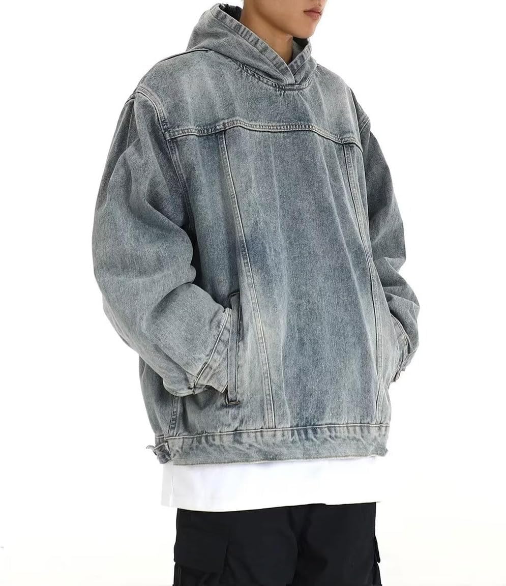 chouyatou Men's Casual Pullover Denim Jacket Vintage Distressed Jean Hoodie Jacket Oversized Sweatshirt Tops