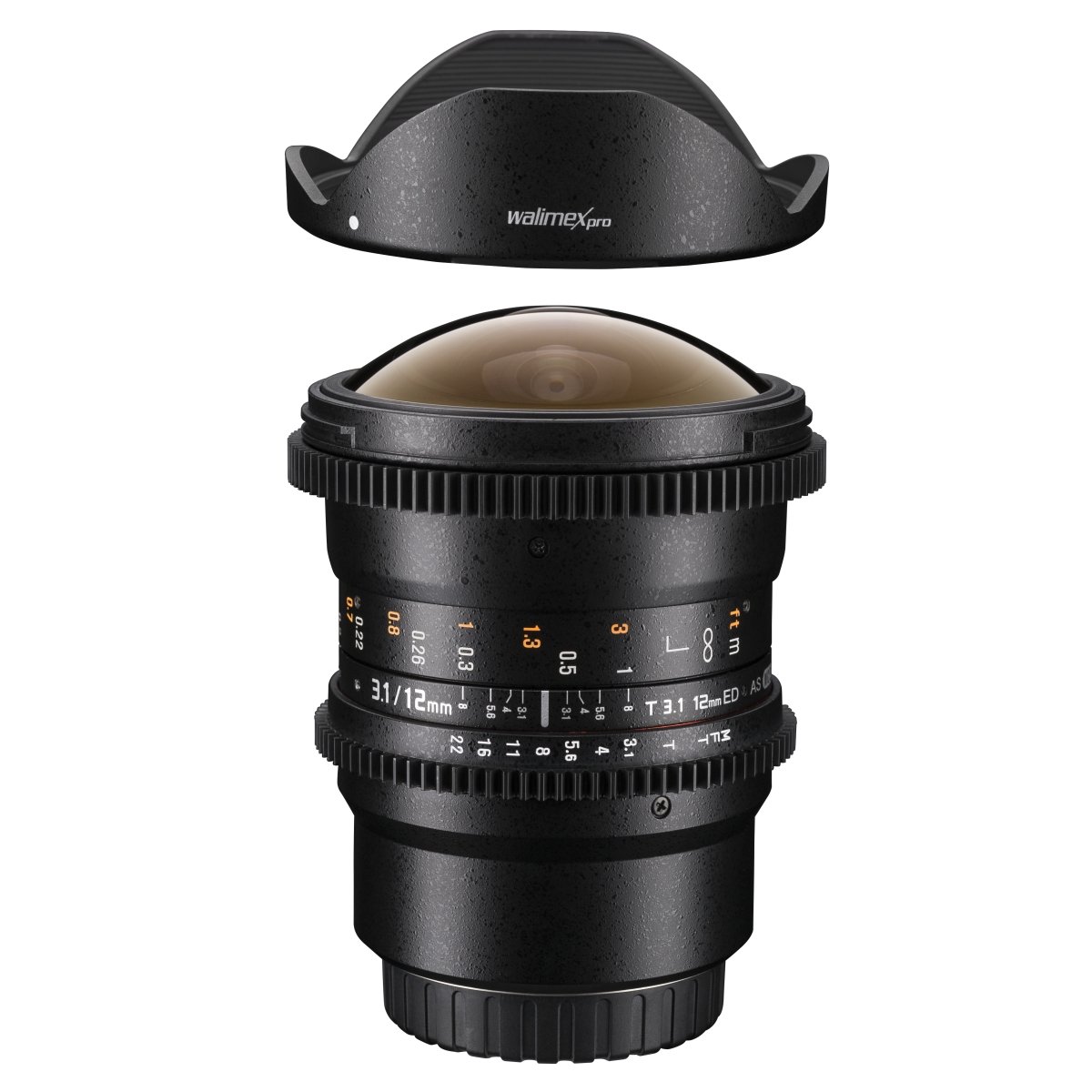 Walimex Pro 12 mm 1:3,1 Fish-Eye VCSC per obiettivo Canon EF baionetta nero (messa a fuoco manuale, per sensore di formato completo, regolazione dell'apertura continua, con paraluce rimovibile)