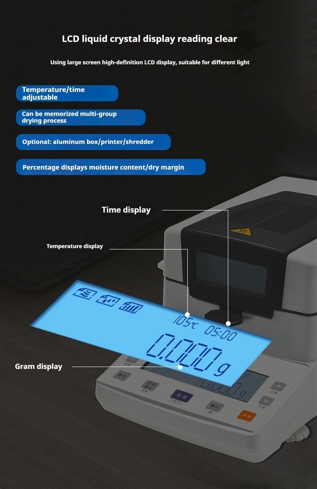 Medidor de Humedad, Analizador de humedad halógeno, calentamiento por lámpara halógena de alta eficiencia, interfaz USB RS232(XY110MW)