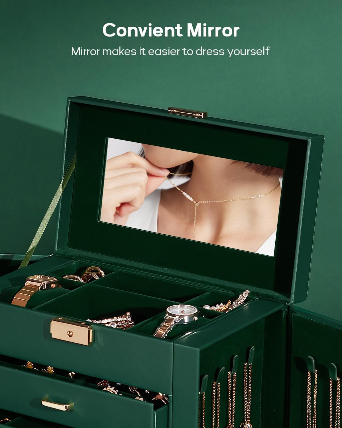 Homde Synthetic Leather Huge Jewelry Box Mirrored Watch Organizer Necklace Ring Earring Storage Lockable Gift Case (Forest Green + Gold) - Image 7