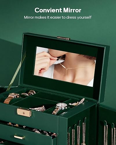 Miniatura 34 de Homde Regalos de Navidad de cuero sintético, enorme joyero, organizador de reloj con espejo, collar, anillo y aretes, estuche de regalo con Dorado