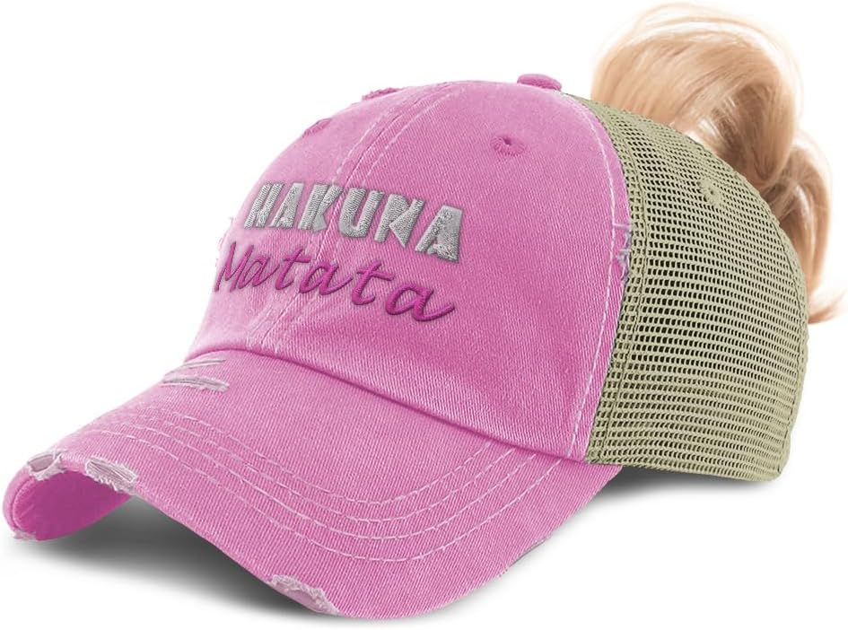Womens Ponytail Cap Hakuna Matata Style B Cotton Distressed Trucker Hats