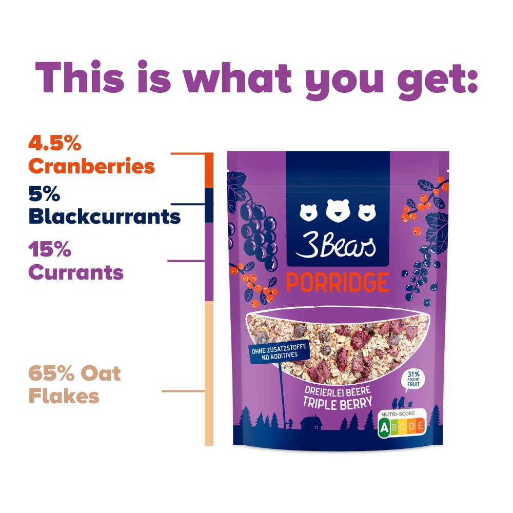 3Bears Porridge Cacao – pacchetto con 4 confezioni (4 x 400g). Con chicchi di cacao e senza zuccheri aggiuntivi. Fiocchi d’avena naturali per colazione