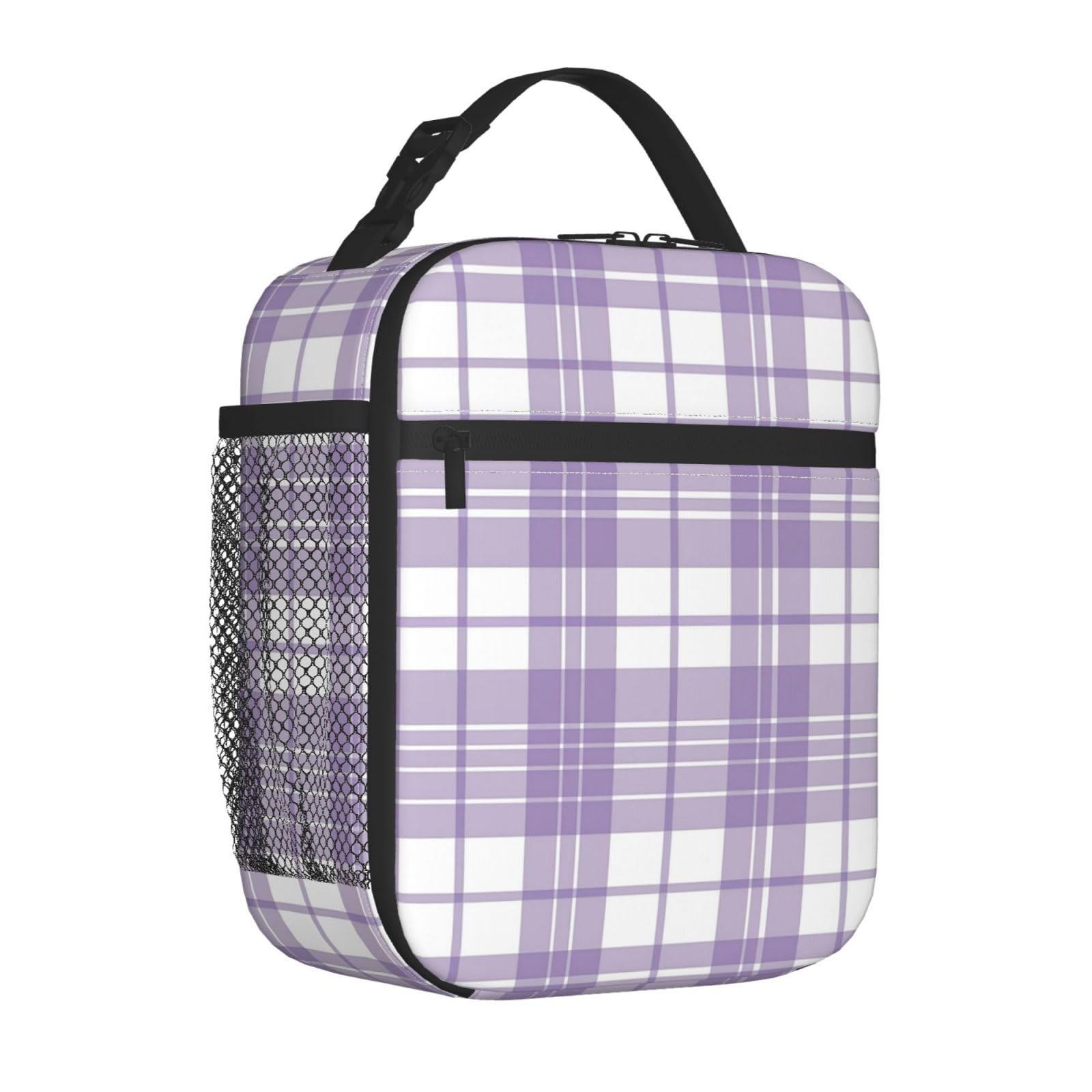 Mexpekil Purple White Checkered Insulated Lunch Bag for Women Men Thermal Lunch Box Portable Picnic Cooler Bag with Side Mesh Pocket Adults Lunchbox for Work