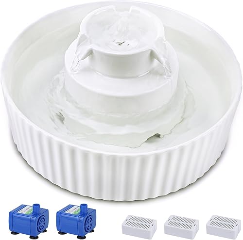 Fuente de agua de cerámica para gatos, fuente para gatos de 2.1 L71 onzas con 3 filtros de carbono y 2 bombas silenciosas, dispensador de agua para