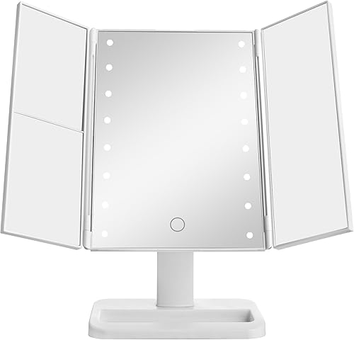 MELANNCO Espejo de tocador LED blanco de 7.09 x 4.69 x 11.61 pulgadas, 3 aumentos y luces LED regulables