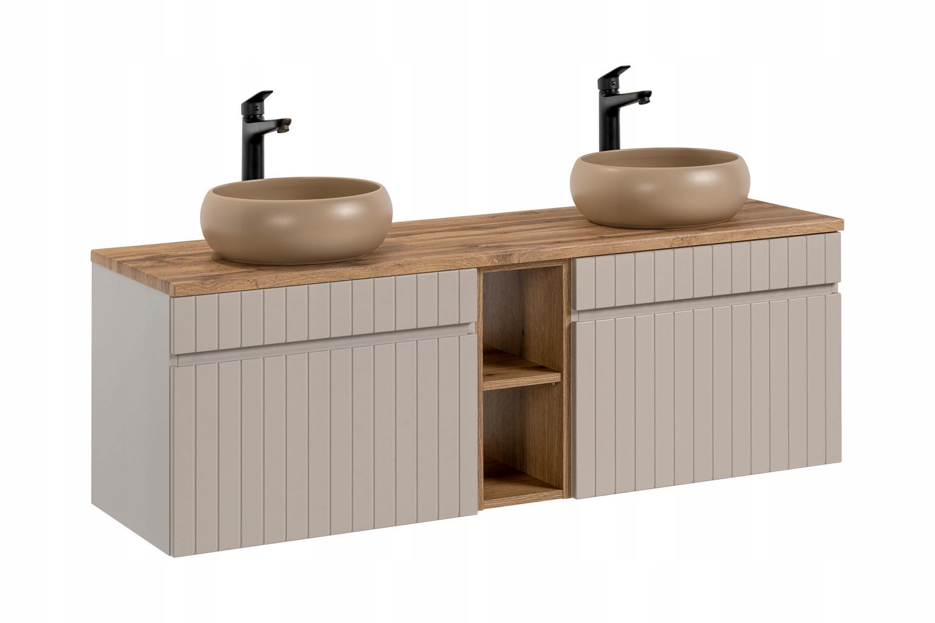 Armadietto da bagno a parete con lavabo da appoggio e 2 cassetti, in cashmere, 140 cm