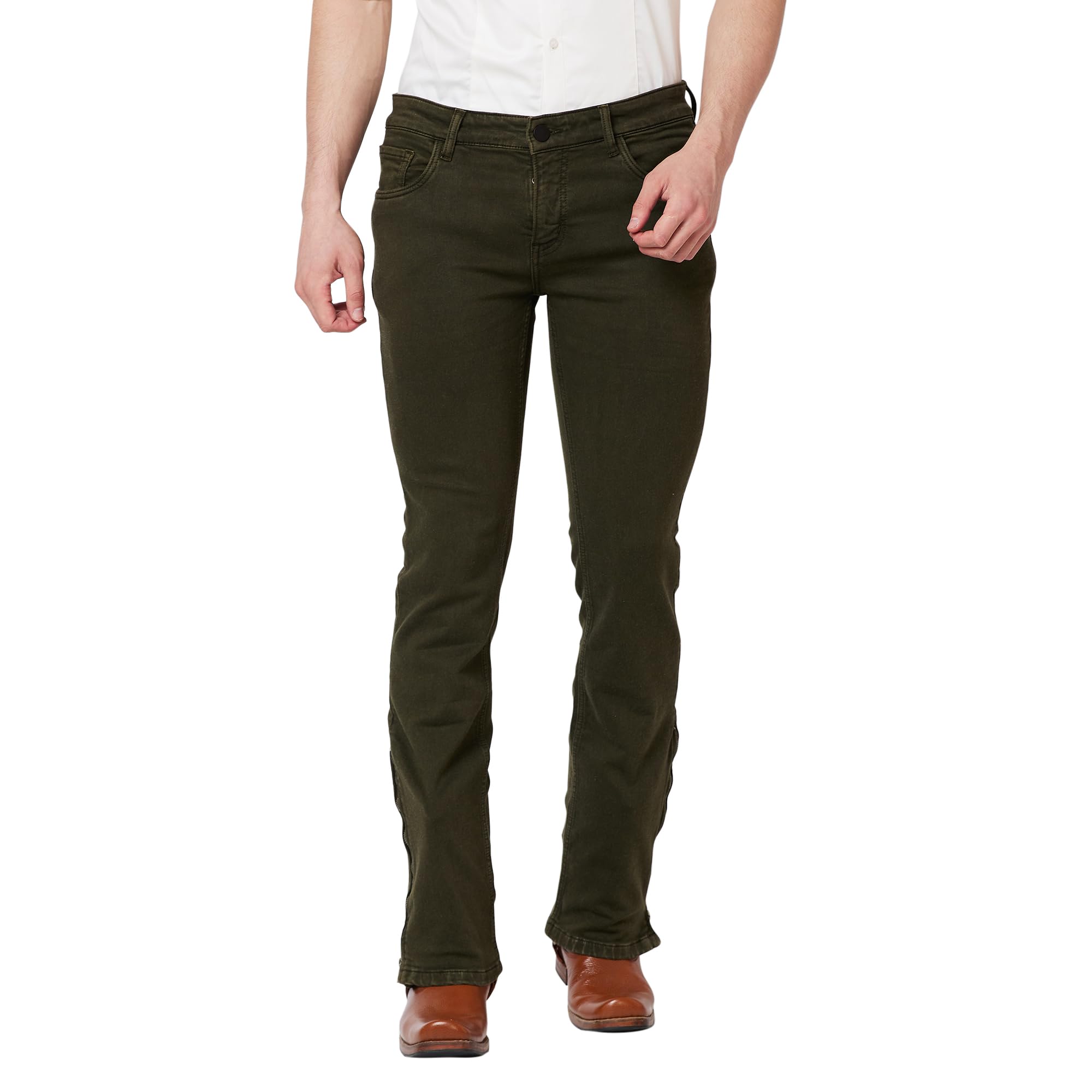 mode de baseOlive Green Boot-Cut Stretchable Jeans with Zipper Bottom for Mens