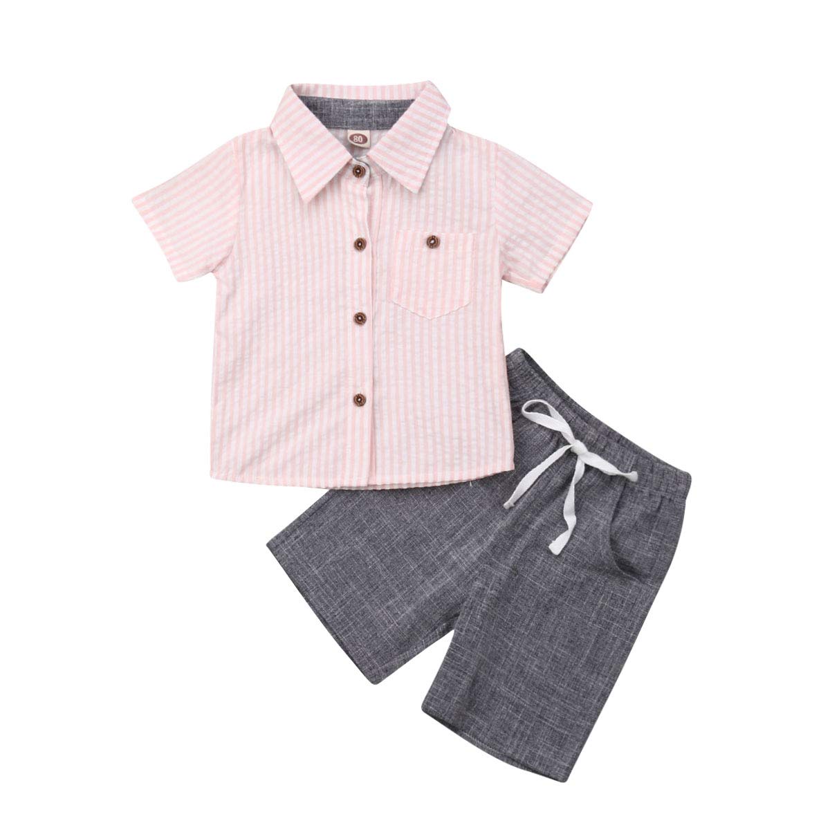 Bagilaanoe Toddler Baby Boy Gentleman Outfit Short Sleeve Striped Tops Shirts+Shorts Pants 2pcs Summer Clothes Playwear Set (Pink+Gray, 18-24 Months)